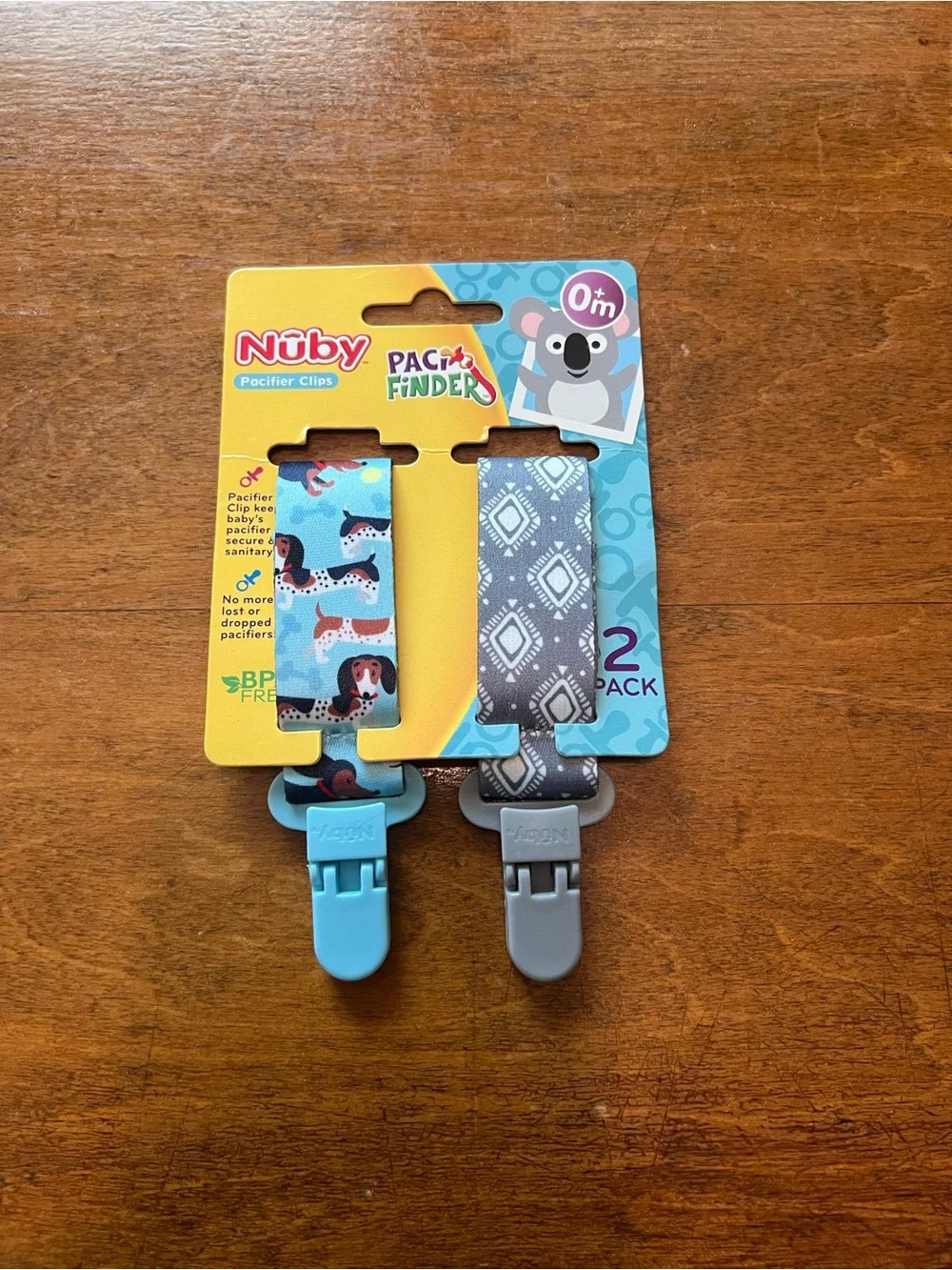 NWT Nuby Pacifinder Pacifier Clips 2 Pack Dog Print Gray Blue Baby